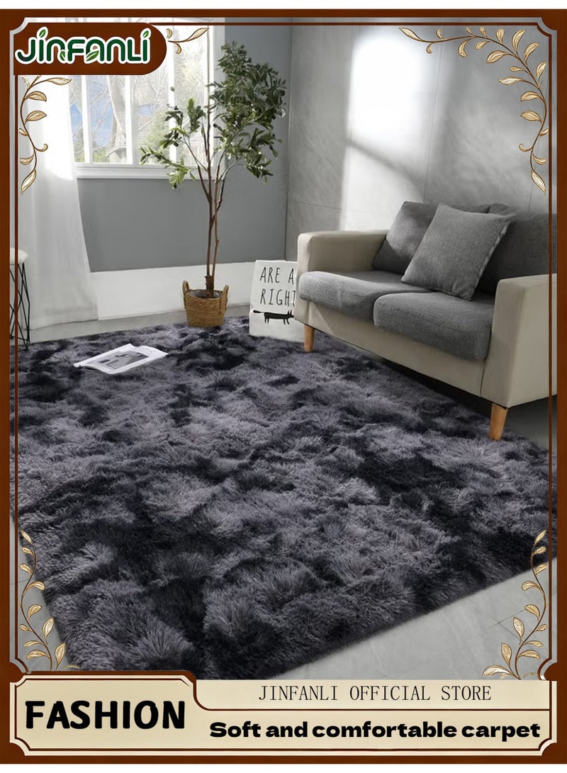 JINFANLI Large living room area rug, super soft and fluffy modern bedroom rug, tie-dyed dark grey indoor plush pile rug for girls kids room home decor - Image 1